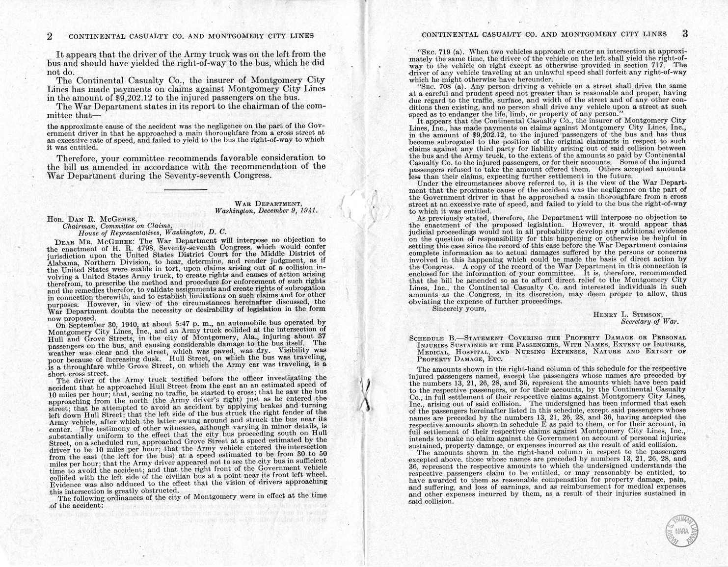 Memorandum from Frederick J. Bailey to M. C. Latta, H.R. 1307, For the Relief of Montgomery City Lines, Incorporated, with Attachments