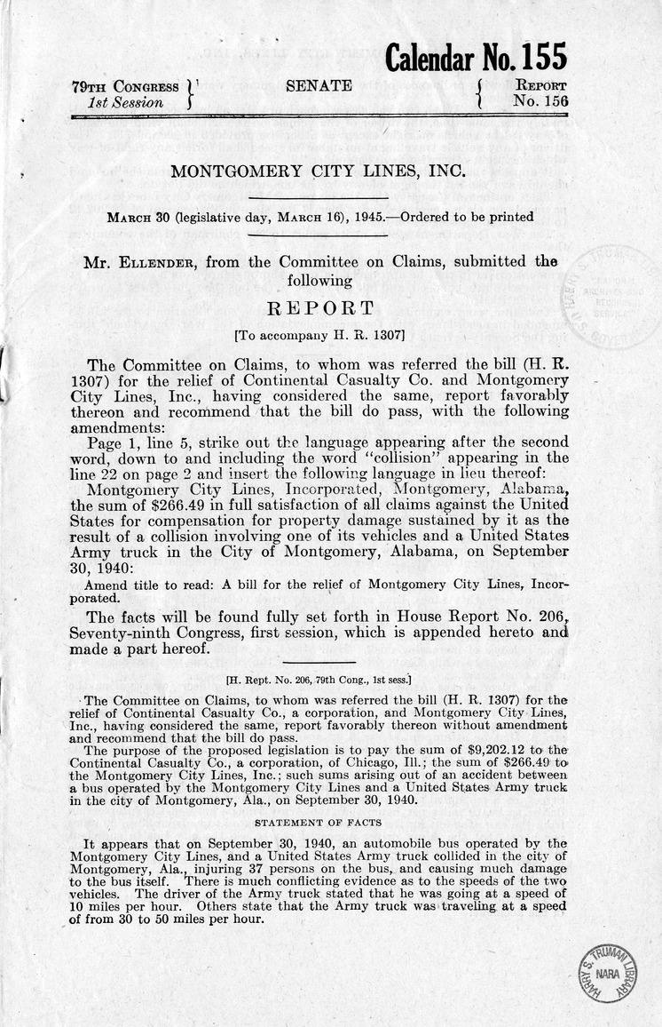 Memorandum from Frederick J. Bailey to M. C. Latta, H.R. 1307, For the Relief of Montgomery City Lines, Incorporated, with Attachments