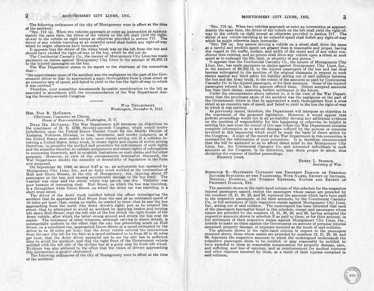 Memorandum from Frederick J. Bailey to M. C. Latta, H.R. 1307, For the Relief of Montgomery City Lines, Incorporated, with Attachments