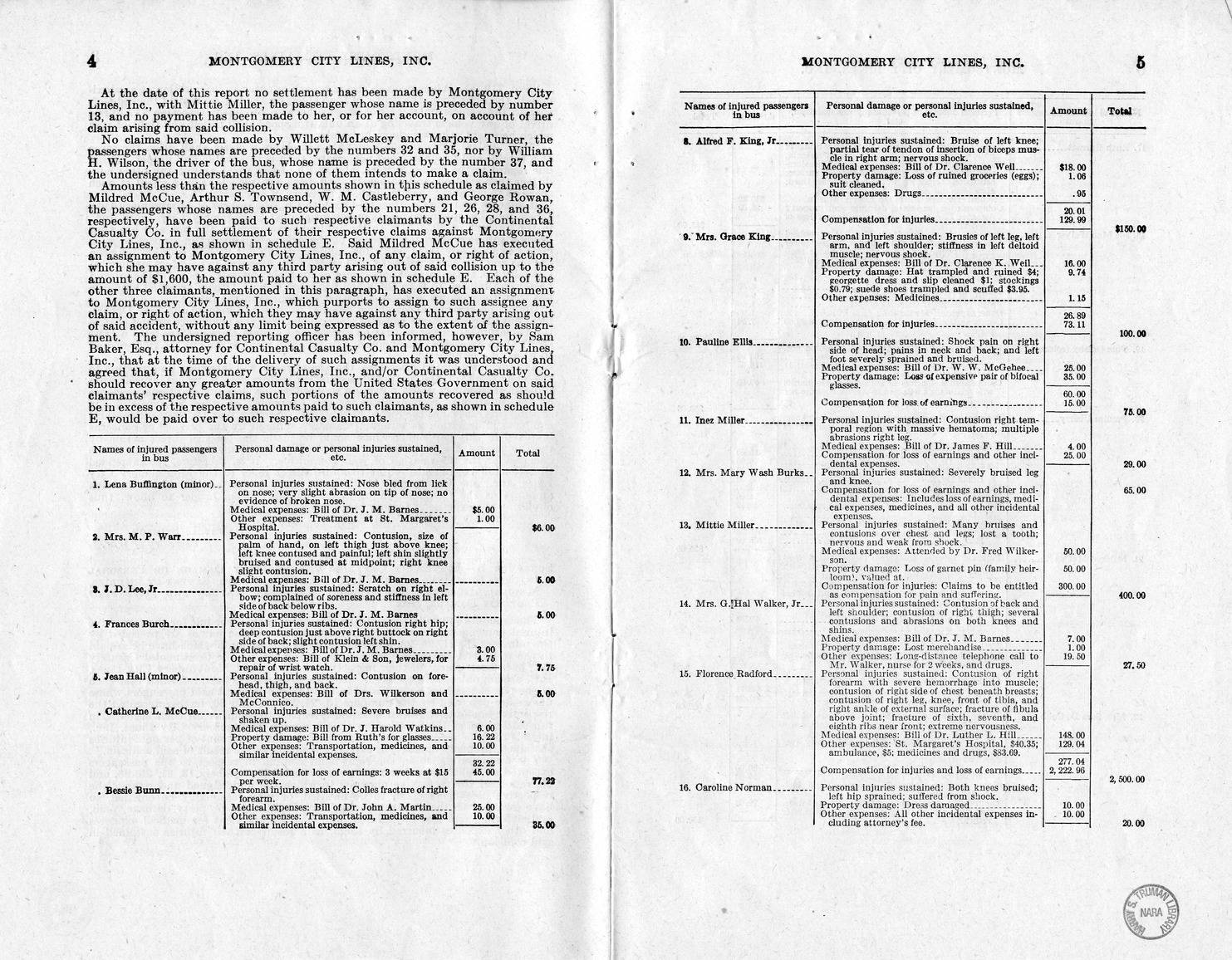 Memorandum from Frederick J. Bailey to M. C. Latta, H.R. 1307, For the Relief of Montgomery City Lines, Incorporated, with Attachments