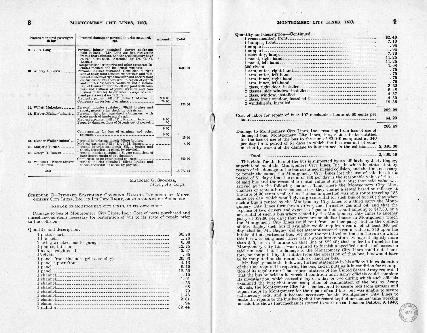 Memorandum from Frederick J. Bailey to M. C. Latta, H.R. 1307, For the Relief of Montgomery City Lines, Incorporated, with Attachments