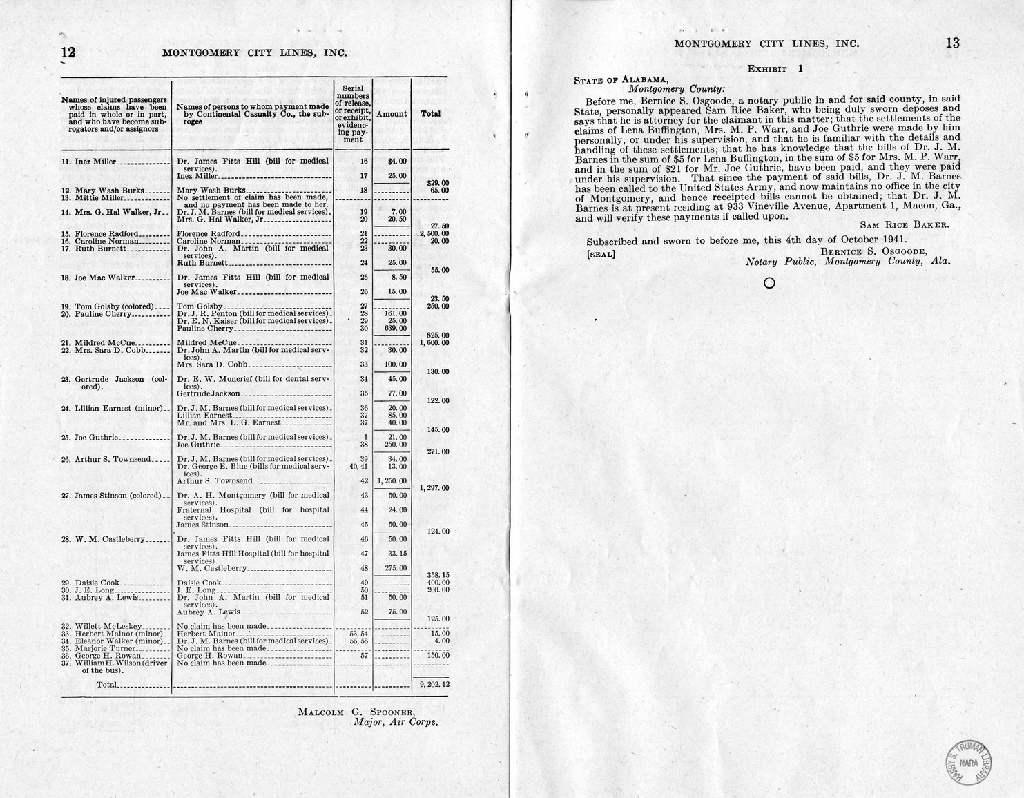 Memorandum from Frederick J. Bailey to M. C. Latta, H.R. 1307, For the Relief of Montgomery City Lines, Incorporated, with Attachments