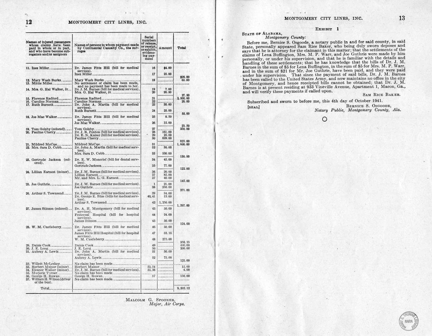 Memorandum from Frederick J. Bailey to M. C. Latta, H.R. 1307, For the Relief of Montgomery City Lines, Incorporated, with Attachments