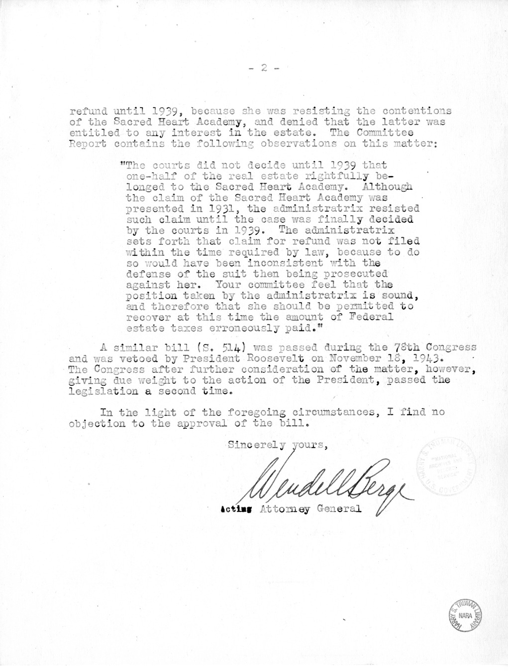 Memorandum from Harold D. Smith to M. C. Latta, H.R. 1711, For the Relief of Blanche H. Karsch, Administratrix of the Estate of Kate E. Hamilton, with Attachments