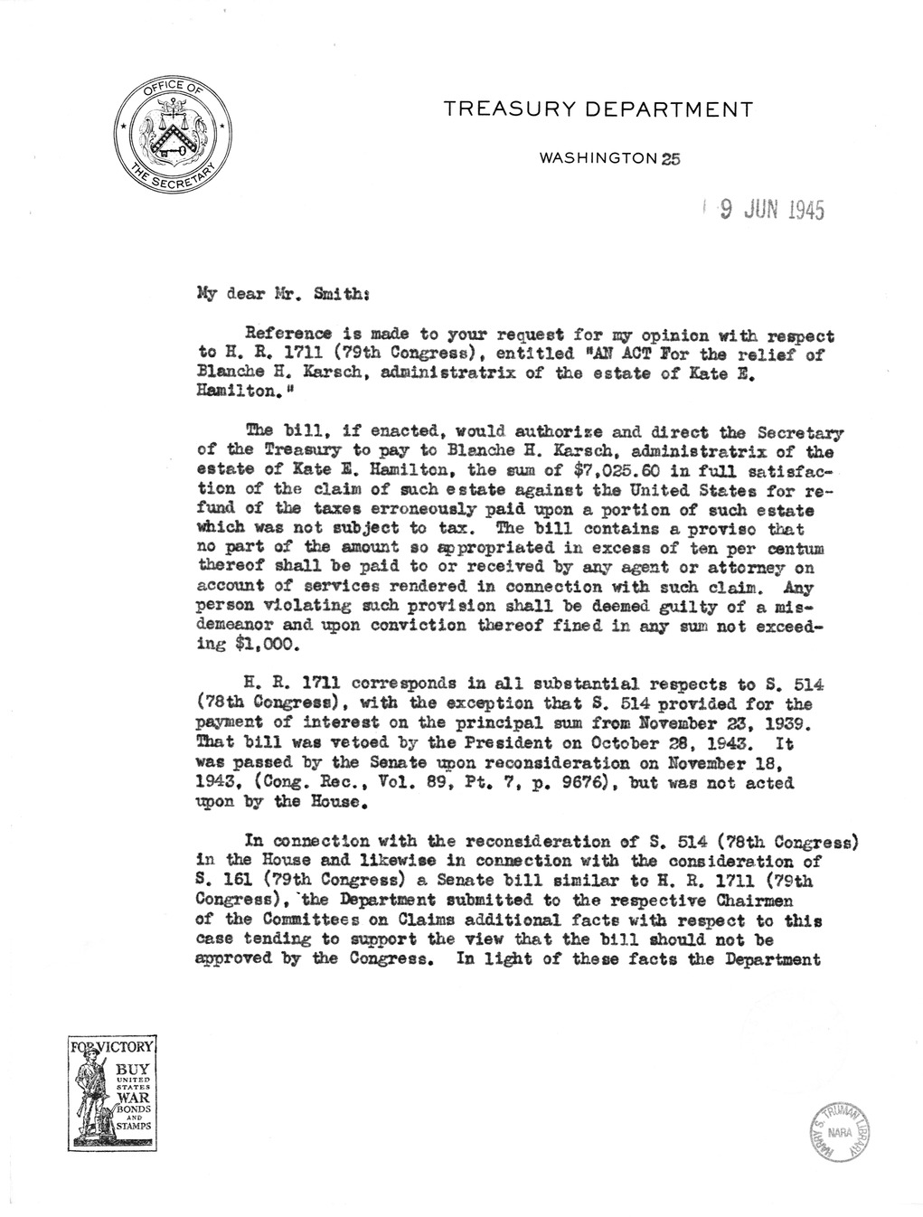 Memorandum from Harold D. Smith to M. C. Latta, H.R. 1711, For the Relief of Blanche H. Karsch, Administratrix of the Estate of Kate E. Hamilton, with Attachments