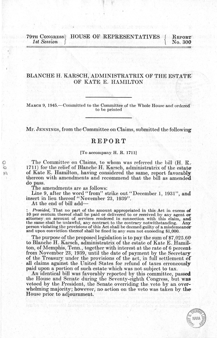 Memorandum from Harold D. Smith to M. C. Latta, H.R. 1711, For the Relief of Blanche H. Karsch, Administratrix of the Estate of Kate E. Hamilton, with Attachments