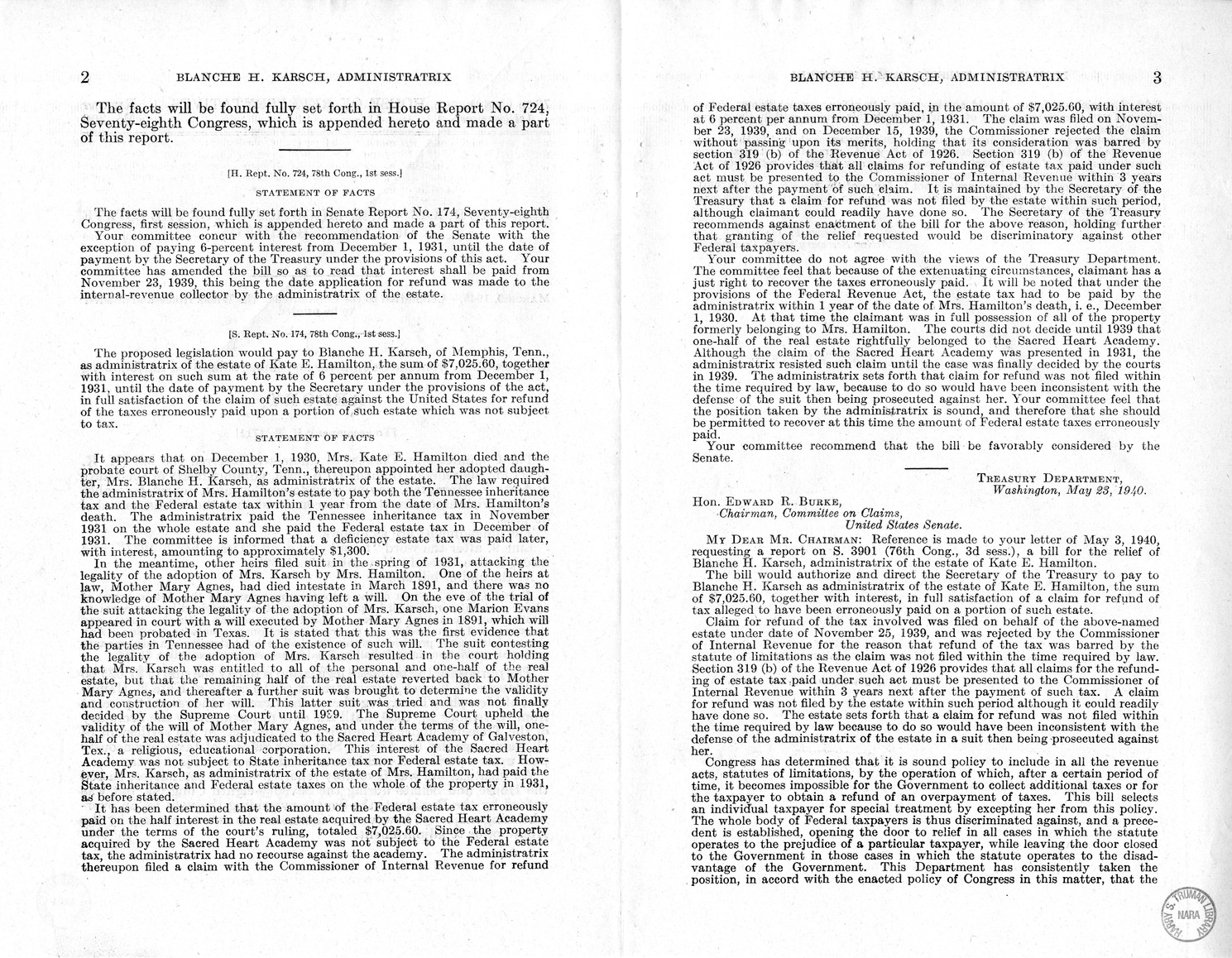 Memorandum from Harold D. Smith to M. C. Latta, H.R. 1711, For the Relief of Blanche H. Karsch, Administratrix of the Estate of Kate E. Hamilton, with Attachments