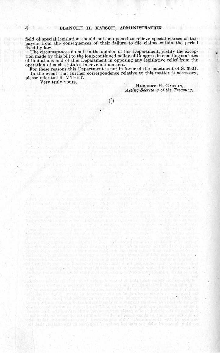 Memorandum from Harold D. Smith to M. C. Latta, H.R. 1711, For the Relief of Blanche H. Karsch, Administratrix of the Estate of Kate E. Hamilton, with Attachments