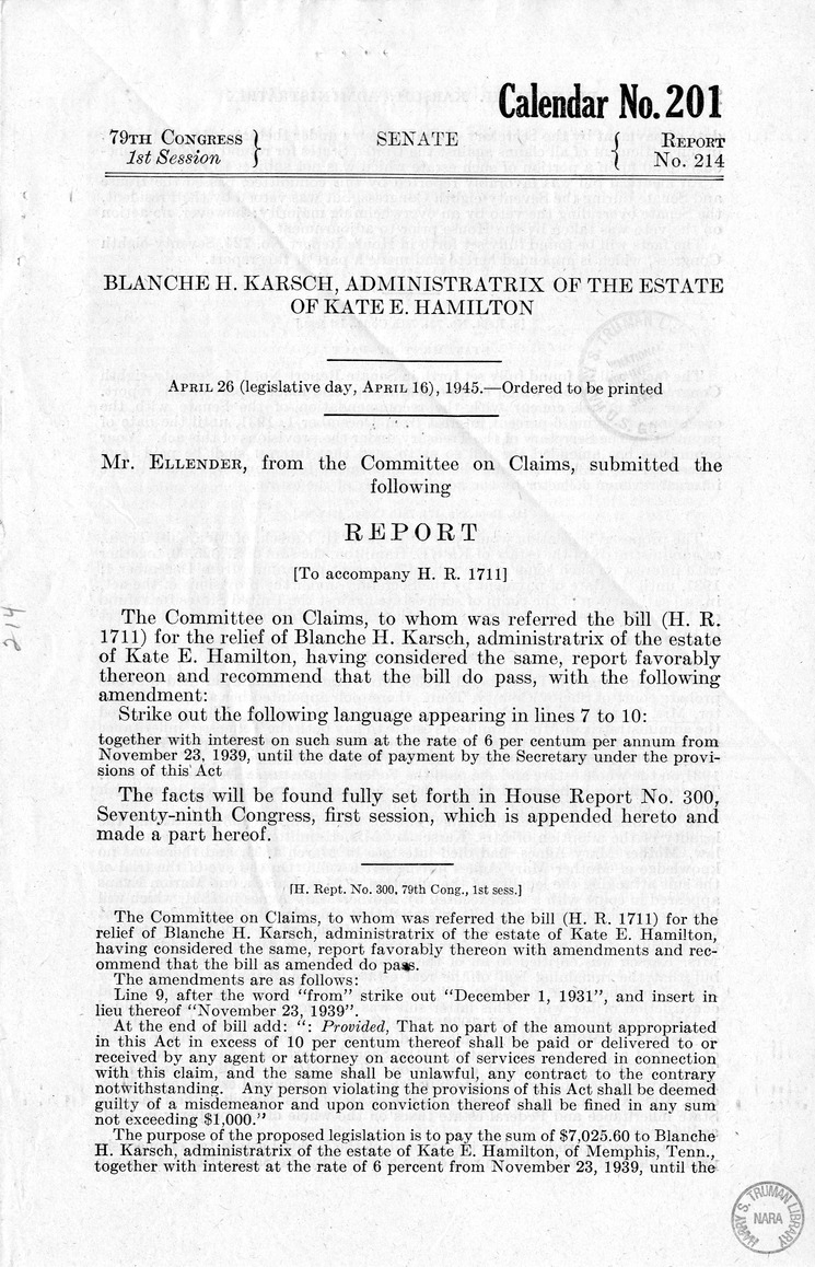 Memorandum from Harold D. Smith to M. C. Latta, H.R. 1711, For the Relief of Blanche H. Karsch, Administratrix of the Estate of Kate E. Hamilton, with Attachments