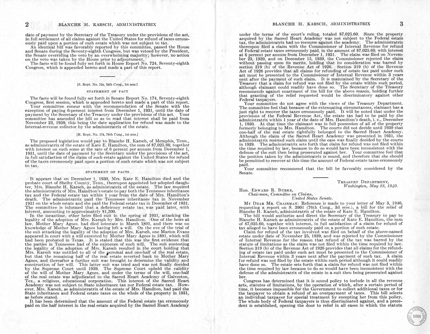 Memorandum from Harold D. Smith to M. C. Latta, H.R. 1711, For the Relief of Blanche H. Karsch, Administratrix of the Estate of Kate E. Hamilton, with Attachments