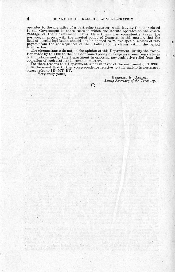 Memorandum from Harold D. Smith to M. C. Latta, H.R. 1711, For the Relief of Blanche H. Karsch, Administratrix of the Estate of Kate E. Hamilton, with Attachments