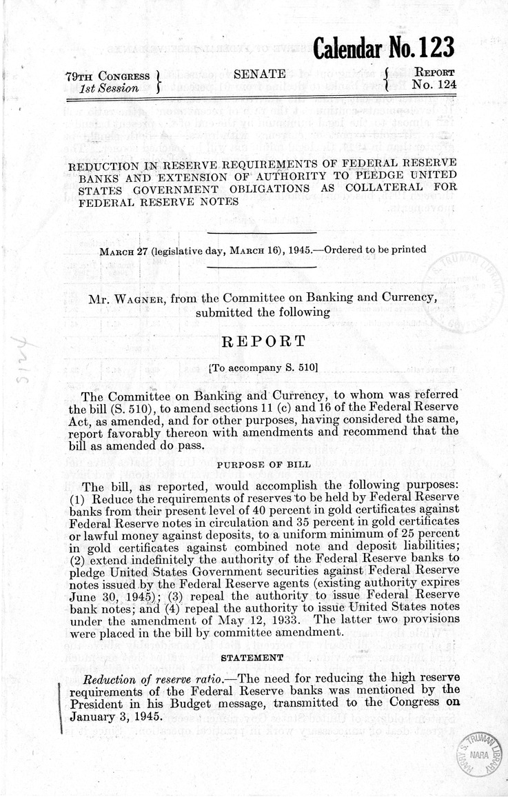 Memorandum from Harold D. Smith to M. C. Latta, S. 510, To Amend Sections 11(c) and 16 of the Federal Reserve Act, as Amended, and for Other Purposes, with Attachments