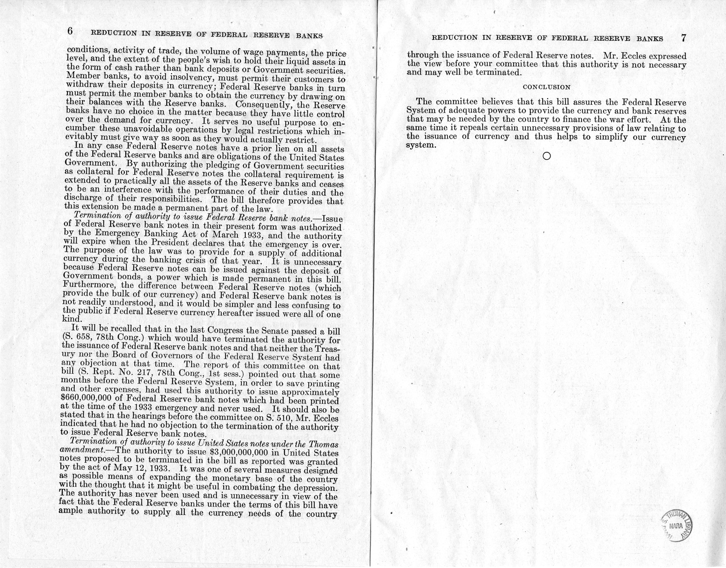 Memorandum from Harold D. Smith to M. C. Latta, S. 510, To Amend Sections 11(c) and 16 of the Federal Reserve Act, as Amended, and for Other Purposes, with Attachments