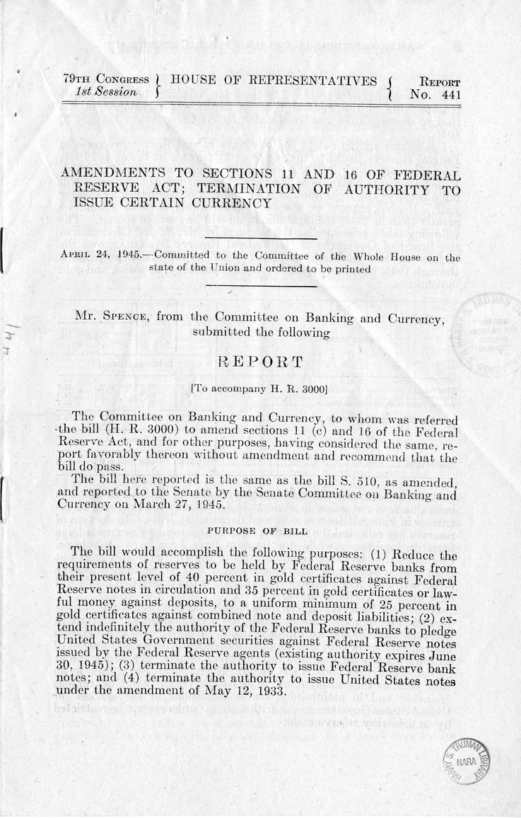 Memorandum from Harold D. Smith to M. C. Latta, S. 510, To Amend Sections 11(c) and 16 of the Federal Reserve Act, as Amended, and for Other Purposes, with Attachments