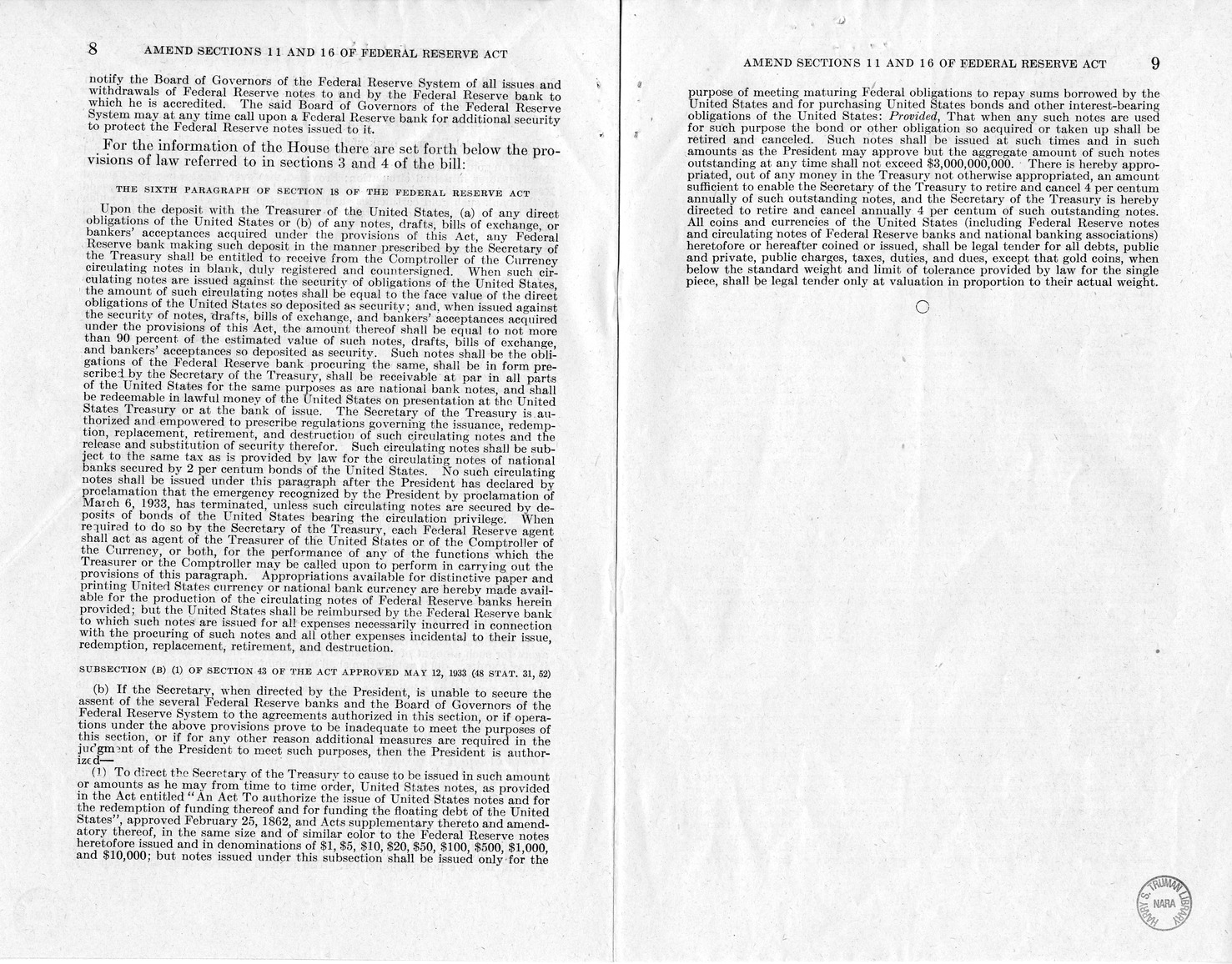 Memorandum from Harold D. Smith to M. C. Latta, S. 510, To Amend Sections 11(c) and 16 of the Federal Reserve Act, as Amended, and for Other Purposes, with Attachments