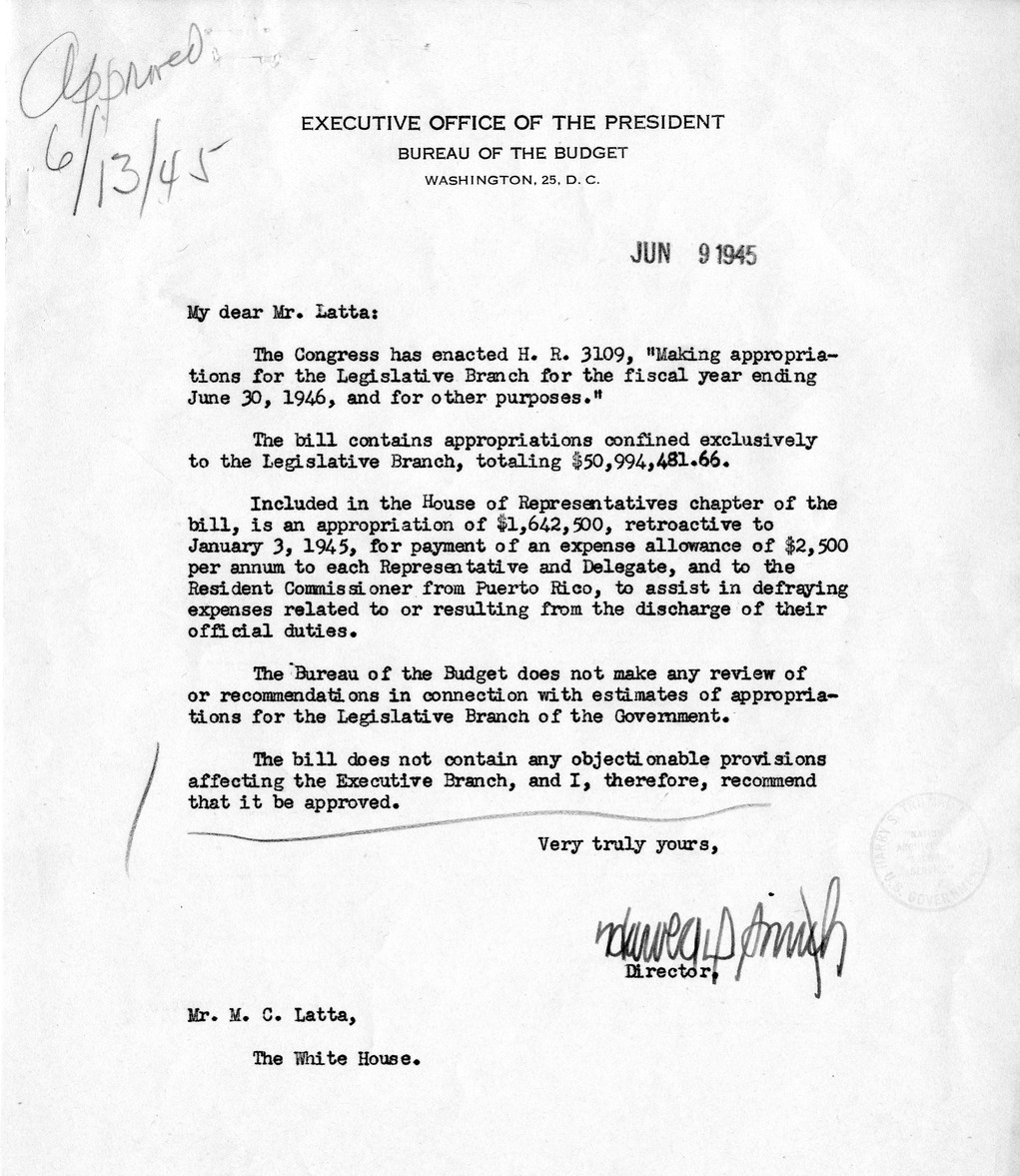 Memorandum from Harold D. Smith to M. C. Latta, H.R. 3109, Making Appropriations for the Legislative Branch for the Fiscal Year Ending June 30, 1946, with Attachments