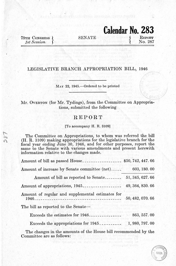 Memorandum from Harold D. Smith to M. C. Latta, H.R. 3109, Making Appropriations for the Legislative Branch for the Fiscal Year Ending June 30, 1946, with Attachments