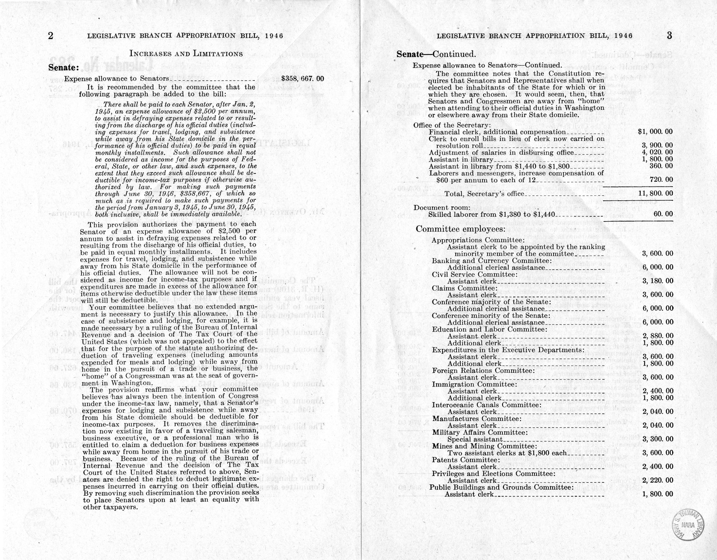 Memorandum from Harold D. Smith to M. C. Latta, H.R. 3109, Making Appropriations for the Legislative Branch for the Fiscal Year Ending June 30, 1946, with Attachments