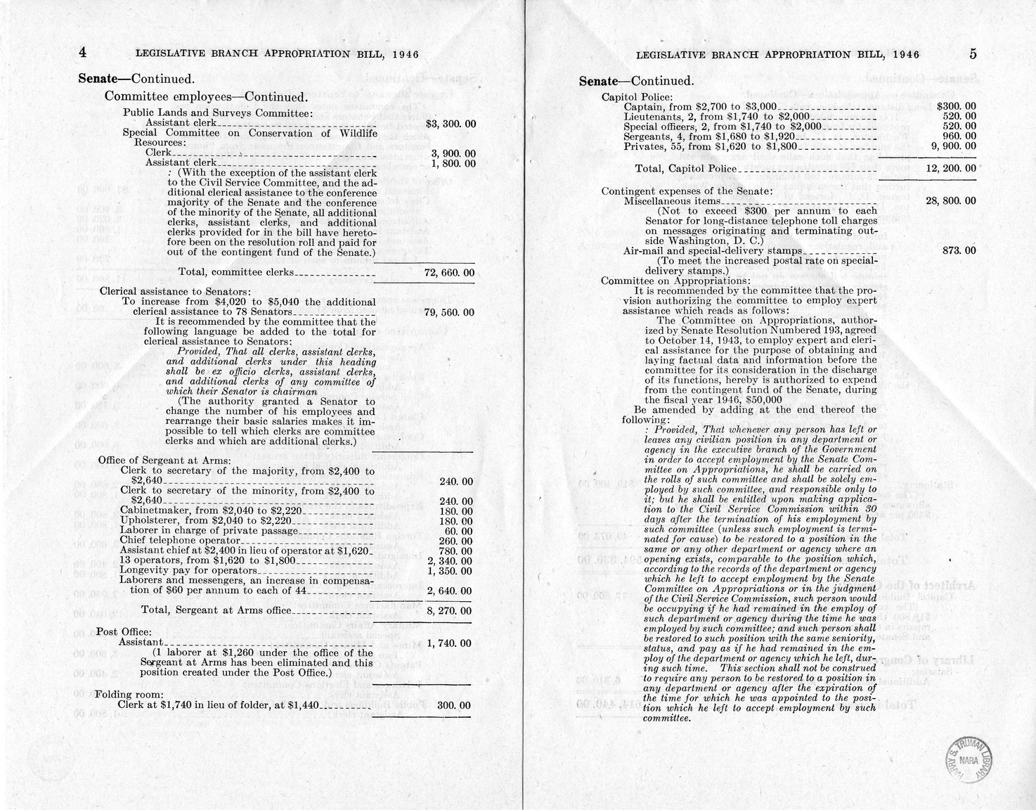 Memorandum from Harold D. Smith to M. C. Latta, H.R. 3109, Making Appropriations for the Legislative Branch for the Fiscal Year Ending June 30, 1946, with Attachments