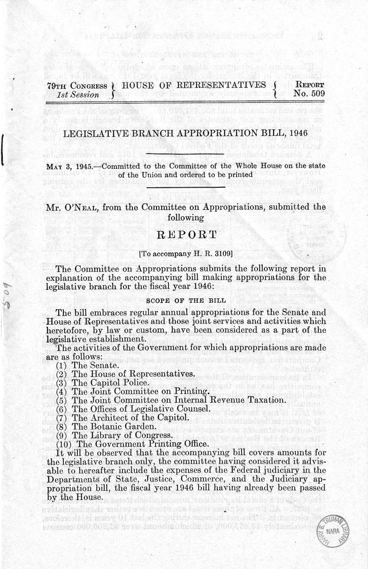 Memorandum from Harold D. Smith to M. C. Latta, H.R. 3109, Making Appropriations for the Legislative Branch for the Fiscal Year Ending June 30, 1946, with Attachments