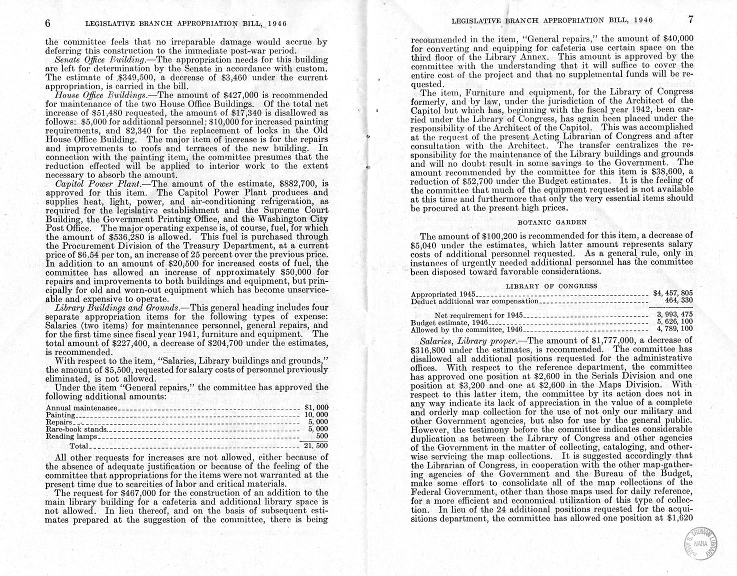 Memorandum from Harold D. Smith to M. C. Latta, H.R. 3109, Making Appropriations for the Legislative Branch for the Fiscal Year Ending June 30, 1946, with Attachments