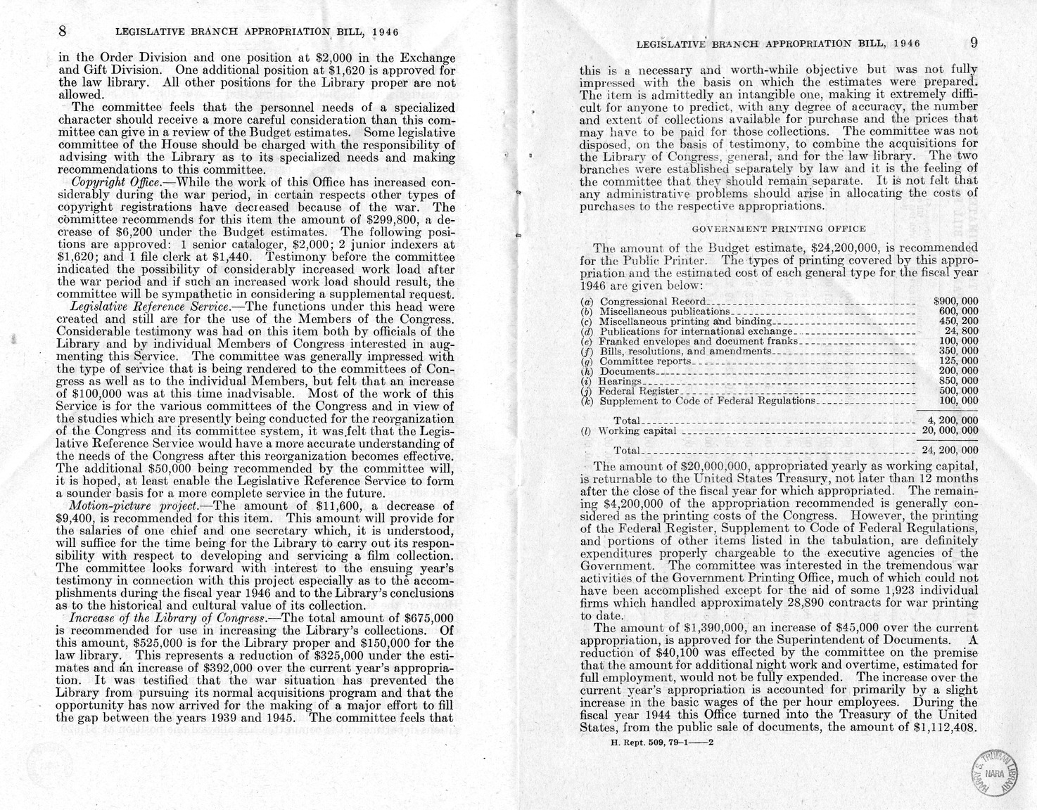 Memorandum from Harold D. Smith to M. C. Latta, H.R. 3109, Making Appropriations for the Legislative Branch for the Fiscal Year Ending June 30, 1946, with Attachments