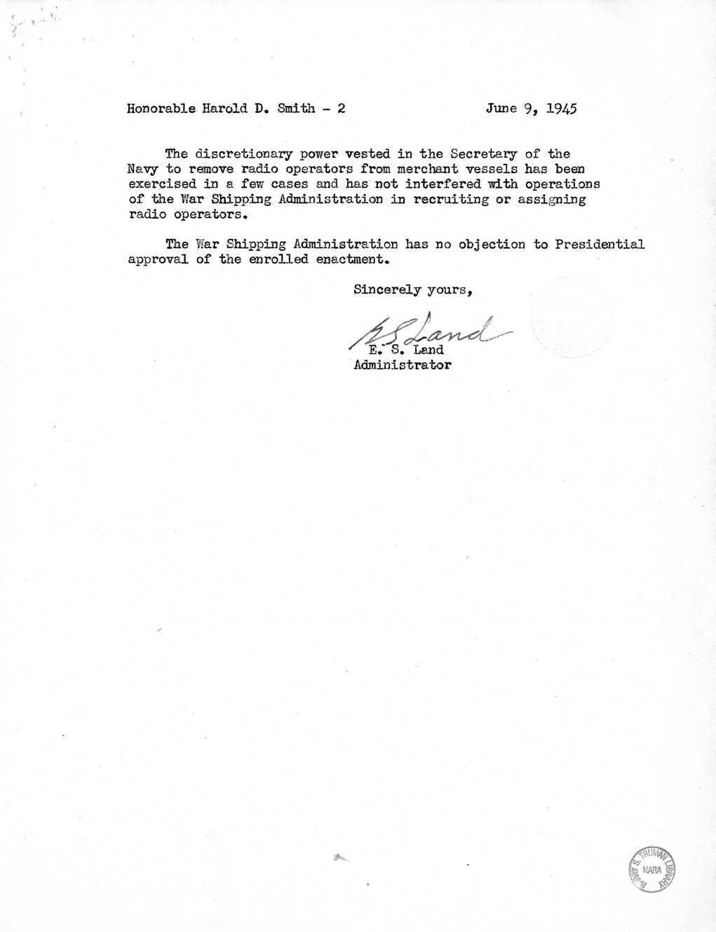 Memorandum from Harold D. Smith to M. C. Latta, H.R. 3267, To Further Extend the Effectiveness of the Act Approved December 17, 1941, Relating to Additional Safeguards to the Radio Communications Service of Ships of the United States as Amended, with Atta