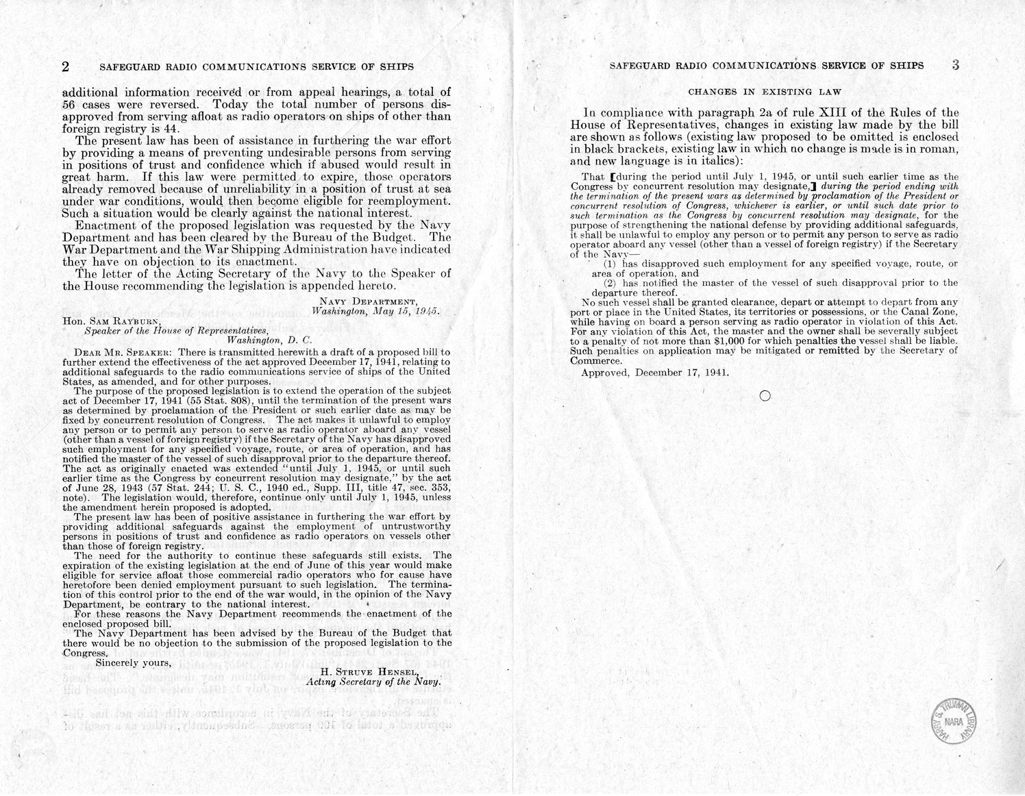 Memorandum from Harold D. Smith to M. C. Latta, H.R. 3267, To Further Extend the Effectiveness of the Act Approved December 17, 1941, Relating to Additional Safeguards to the Radio Communications Service of Ships of the United States as Amended, with Atta