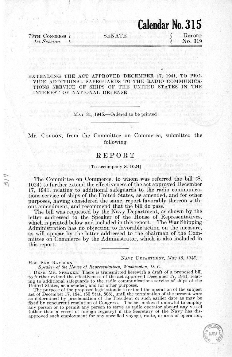 Memorandum from Harold D. Smith to M. C. Latta, H.R. 3267, To Further Extend the Effectiveness of the Act Approved December 17, 1941, Relating to Additional Safeguards to the Radio Communications Service of Ships of the United States as Amended, with Atta