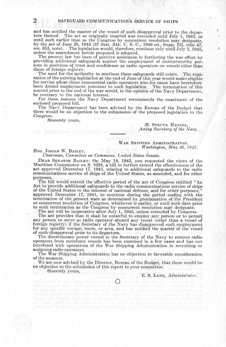 Memorandum from Harold D. Smith to M. C. Latta, H.R. 3267, To Further Extend the Effectiveness of the Act Approved December 17, 1941, Relating to Additional Safeguards to the Radio Communications Service of Ships of the United States as Amended, with Atta