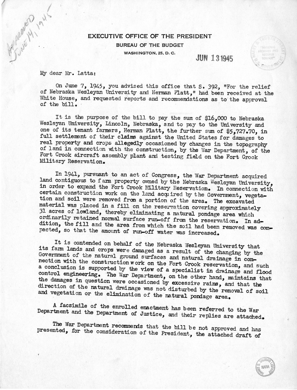 Memorandum from Harold D. Smith to M. C. Latta, S. 392, For the Relief of Nebraska Wesleyan University and Herman Platt, with Attachments