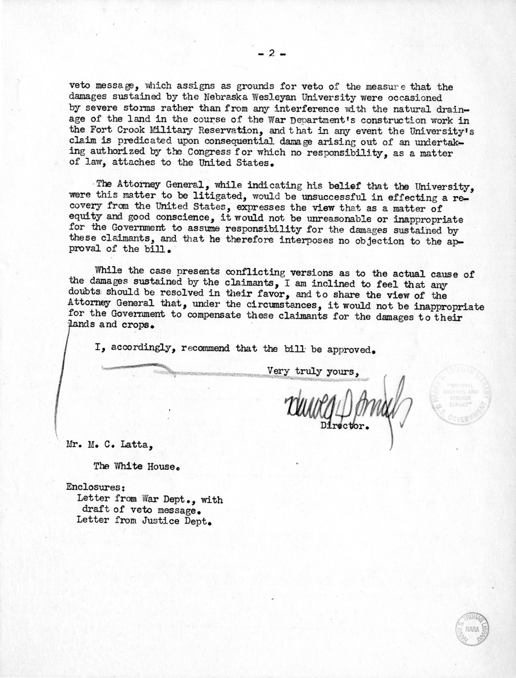 Memorandum from Harold D. Smith to M. C. Latta, S. 392, For the Relief of Nebraska Wesleyan University and Herman Platt, with Attachments