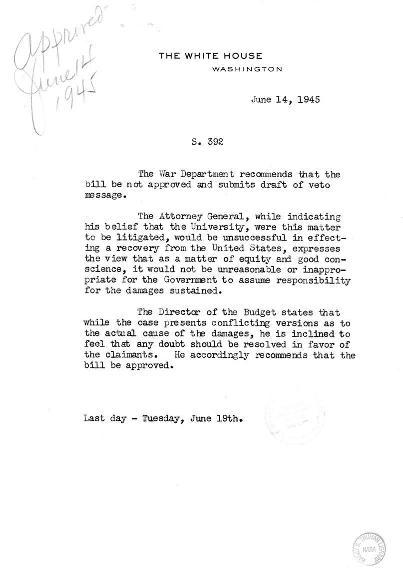 Memorandum from Harold D. Smith to M. C. Latta, S. 392, For the Relief of Nebraska Wesleyan University and Herman Platt, with Attachments