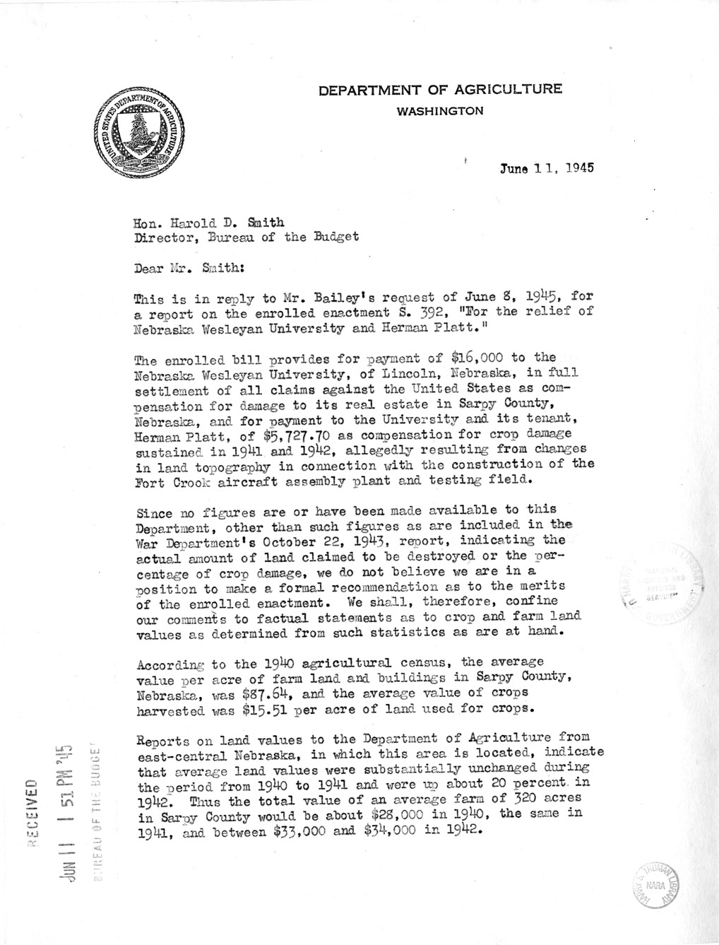 Memorandum from Harold D. Smith to M. C. Latta, S. 392, For the Relief of Nebraska Wesleyan University and Herman Platt, with Attachments