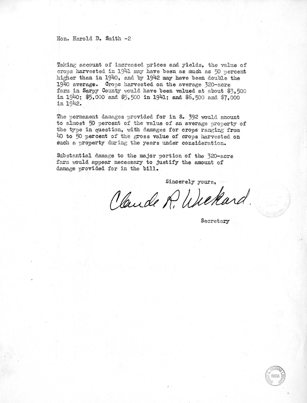 Memorandum from Harold D. Smith to M. C. Latta, S. 392, For the Relief of Nebraska Wesleyan University and Herman Platt, with Attachments