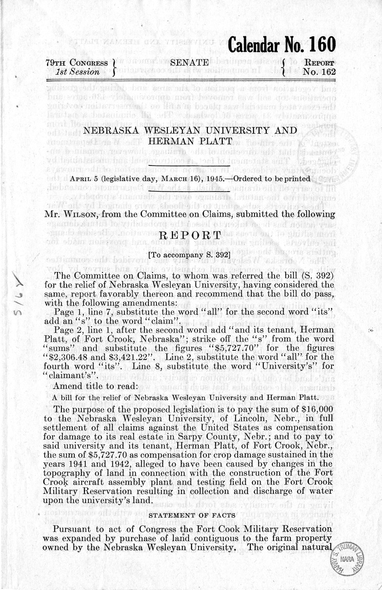 Memorandum from Harold D. Smith to M. C. Latta, S. 392, For the Relief of Nebraska Wesleyan University and Herman Platt, with Attachments