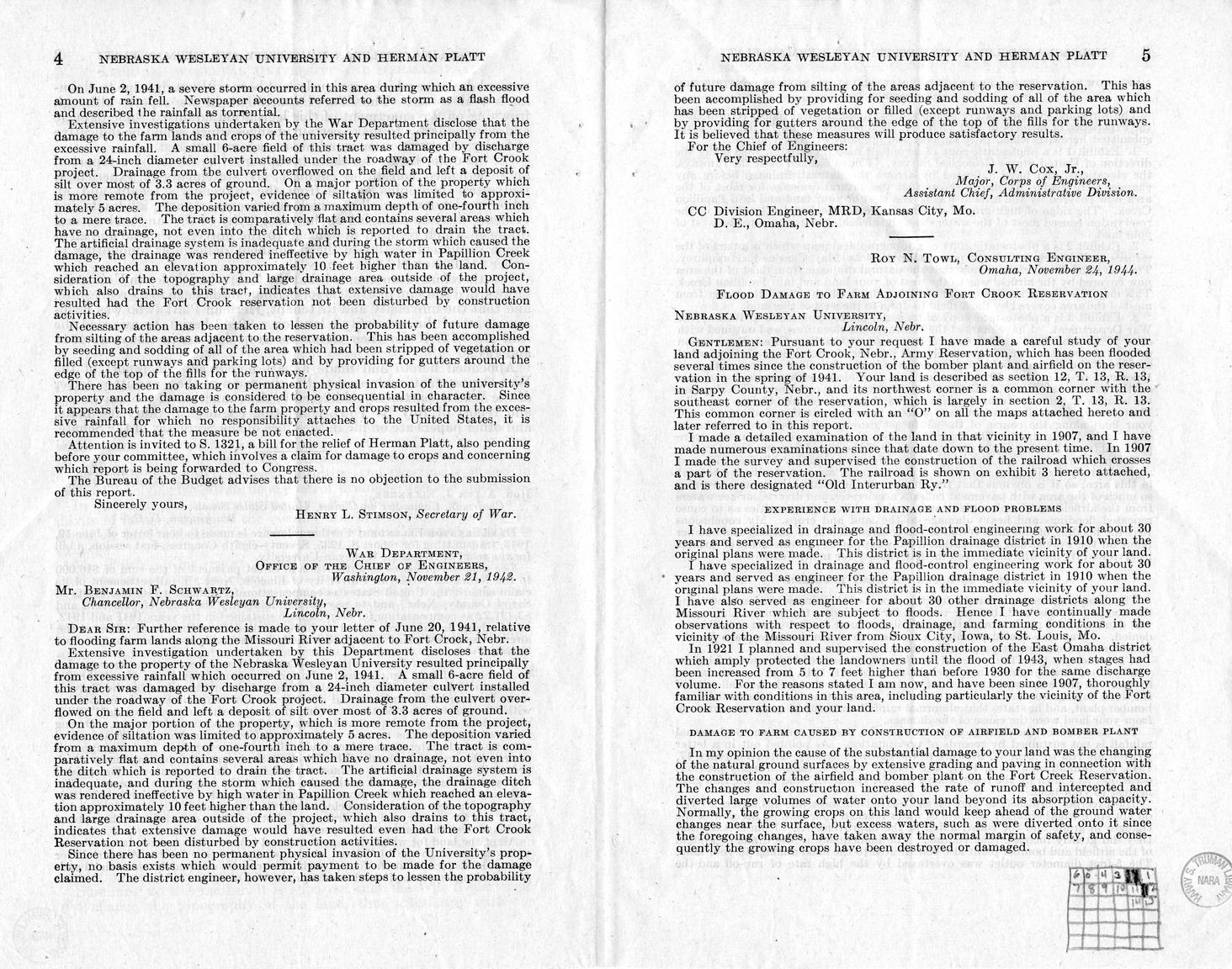 Memorandum from Harold D. Smith to M. C. Latta, S. 392, For the Relief of Nebraska Wesleyan University and Herman Platt, with Attachments