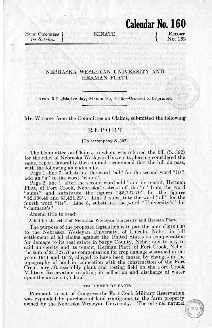 Memorandum from Harold D. Smith to M. C. Latta, S. 392, For the Relief of Nebraska Wesleyan University and Herman Platt, with Attachments