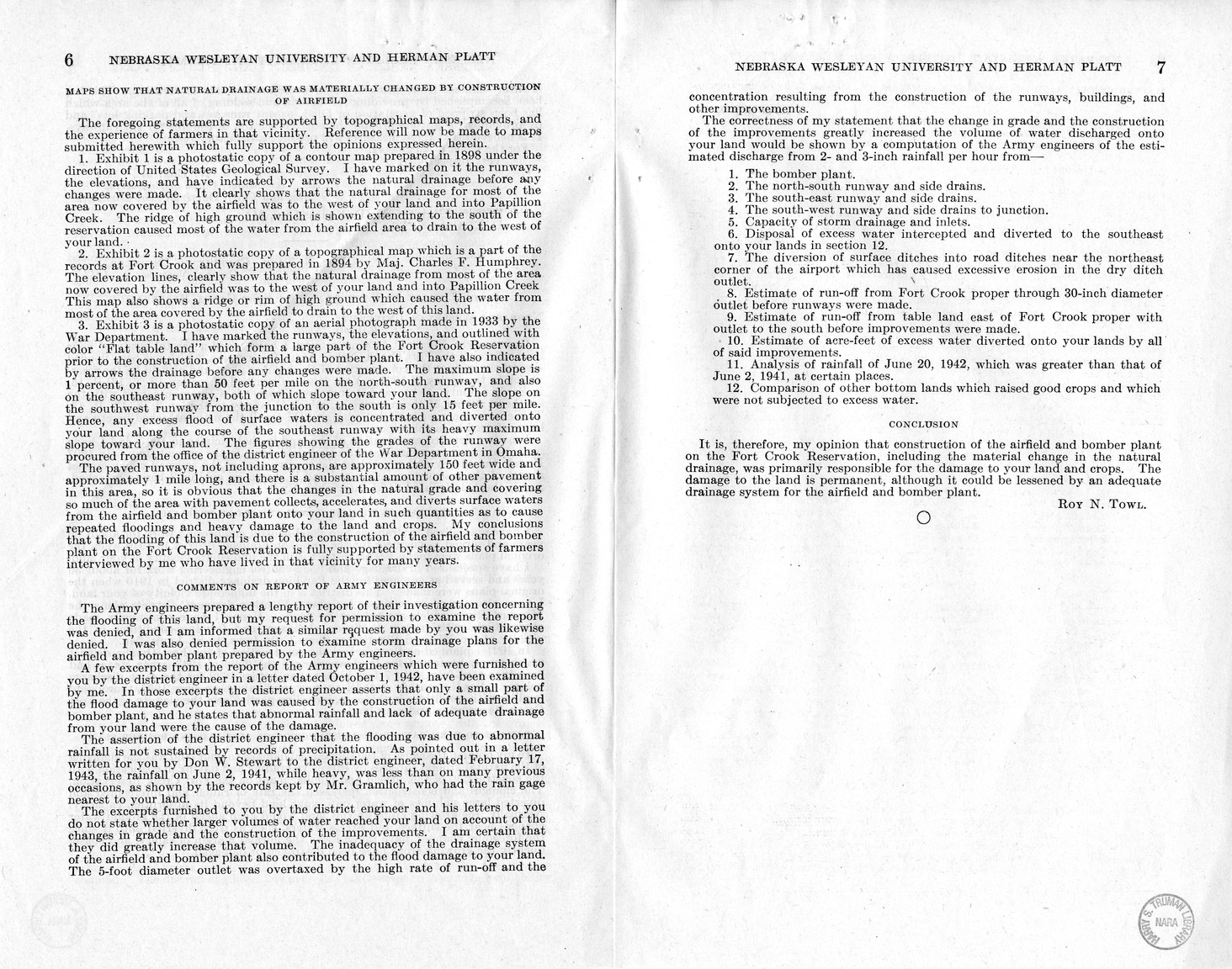 Memorandum from Harold D. Smith to M. C. Latta, S. 392, For the Relief of Nebraska Wesleyan University and Herman Platt, with Attachments