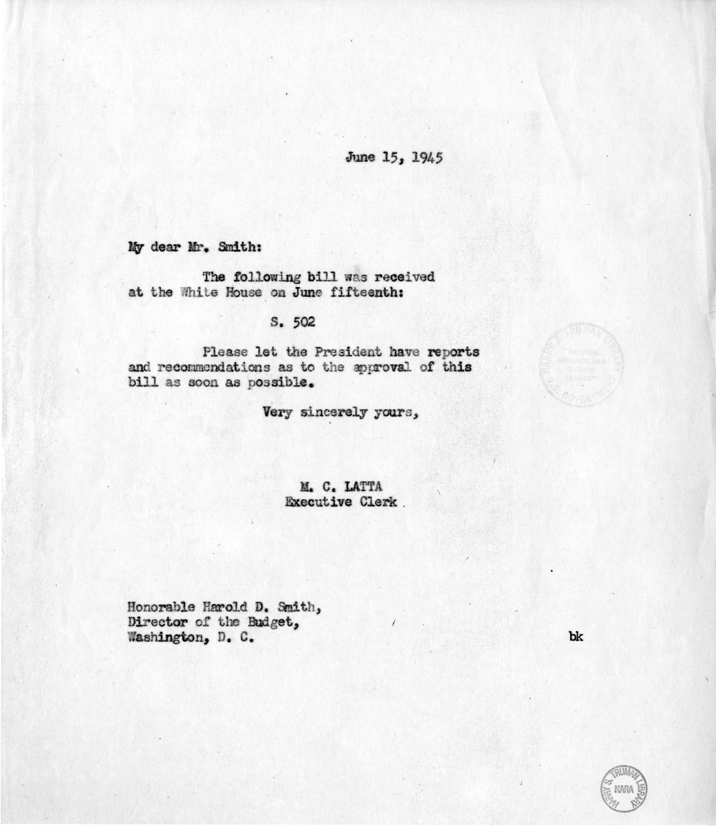 Memorandum from M. C. Latta to Harold Smith