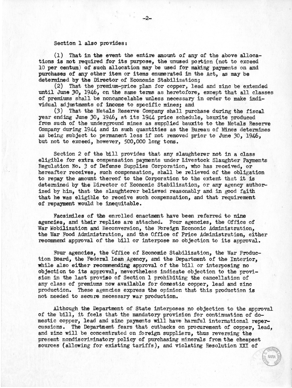 Memorandum from Harold D. Smith to M. C. Latta, S. 502, To Permit the Continuation of Certain Subsidy Payments and Certain Purchase and Sale Operations by Corporations Created Pursuant to Section 5d (3) of the Reconstruction Finance Corporation Act, with 