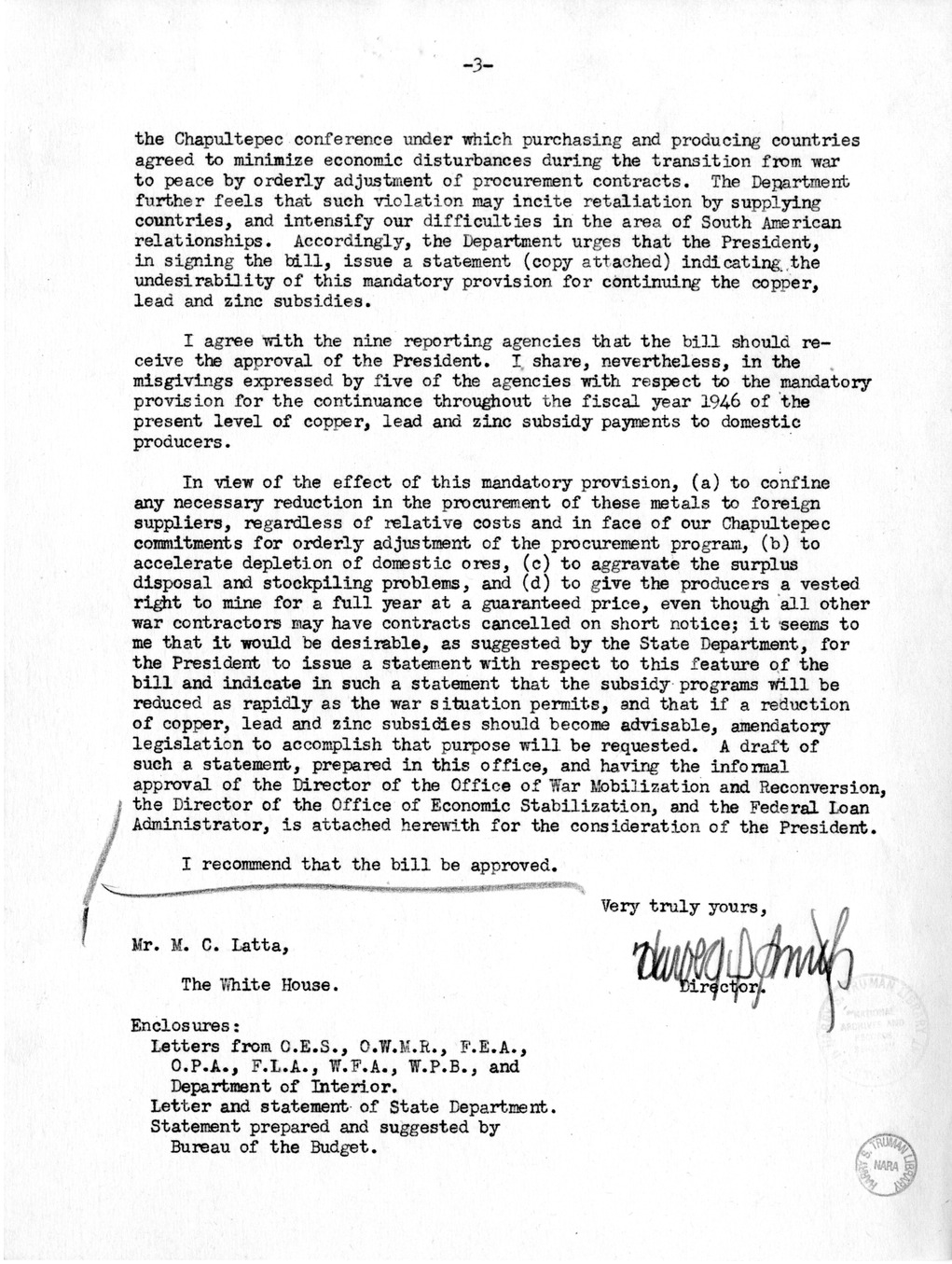 Memorandum from Harold D. Smith to M. C. Latta, S. 502, To Permit the Continuation of Certain Subsidy Payments and Certain Purchase and Sale Operations by Corporations Created Pursuant to Section 5d (3) of the Reconstruction Finance Corporation Act, with 