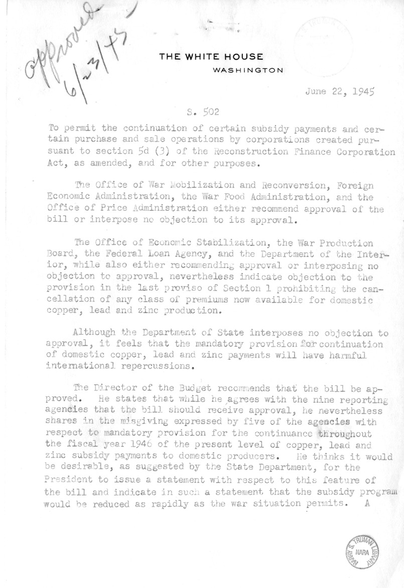 Memorandum from Harold D. Smith to M. C. Latta, S. 502, To Permit the Continuation of Certain Subsidy Payments and Certain Purchase and Sale Operations by Corporations Created Pursuant to Section 5d (3) of the Reconstruction Finance Corporation Act, with 