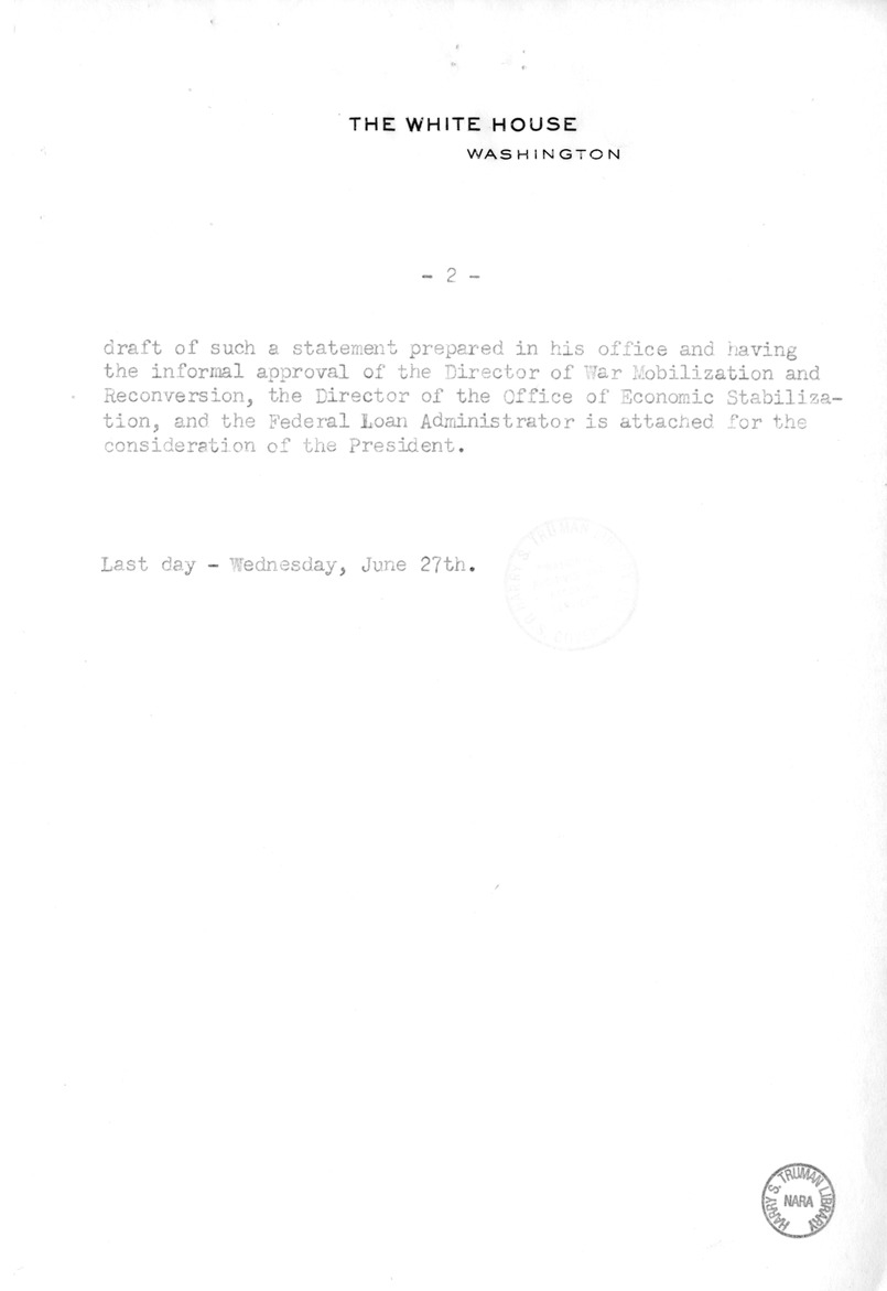 Memorandum from Harold D. Smith to M. C. Latta, S. 502, To Permit the Continuation of Certain Subsidy Payments and Certain Purchase and Sale Operations by Corporations Created Pursuant to Section 5d (3) of the Reconstruction Finance Corporation Act, with 