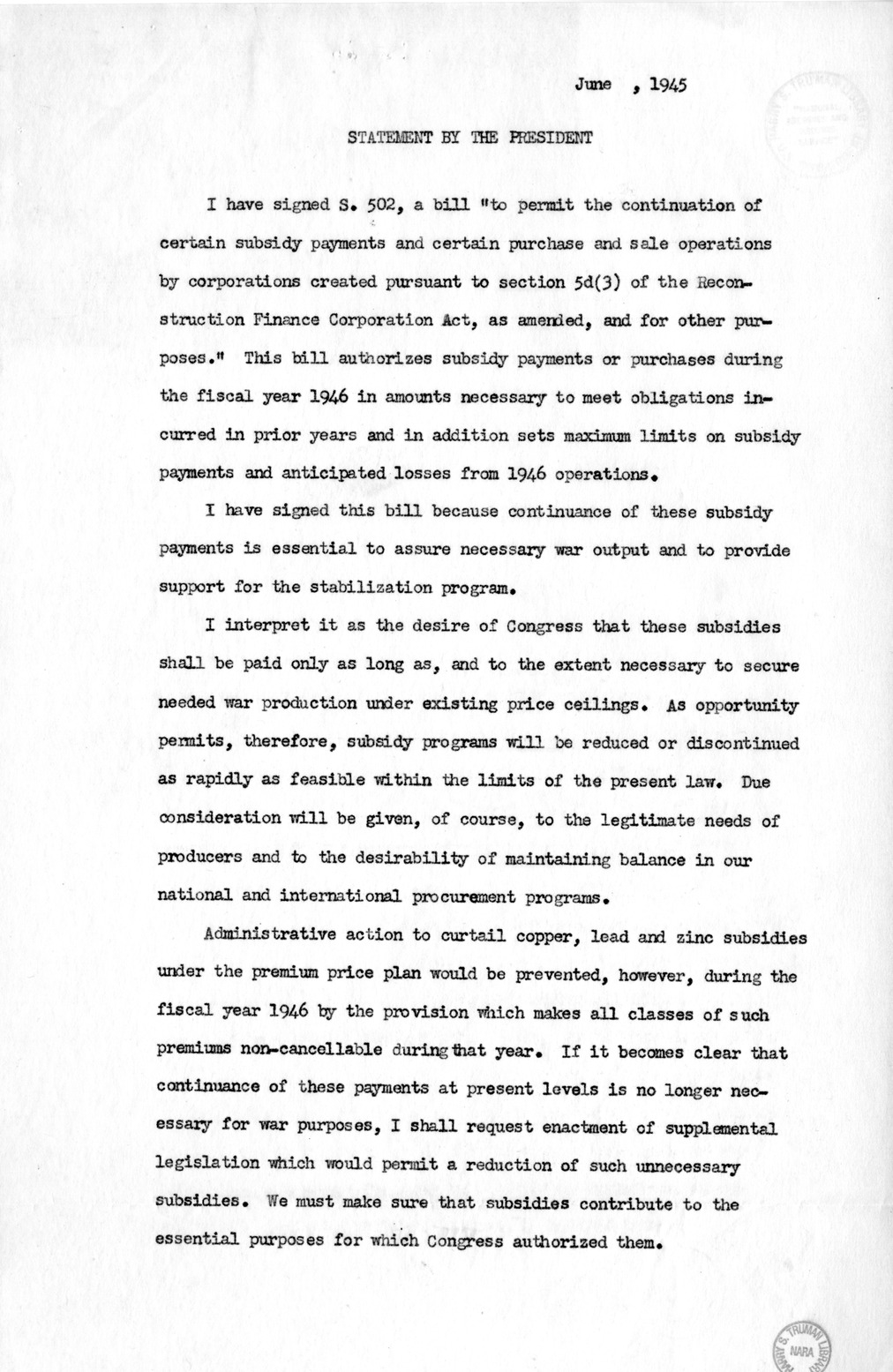 Memorandum from Harold D. Smith to M. C. Latta, S. 502, To Permit the Continuation of Certain Subsidy Payments and Certain Purchase and Sale Operations by Corporations Created Pursuant to Section 5d (3) of the Reconstruction Finance Corporation Act, with 