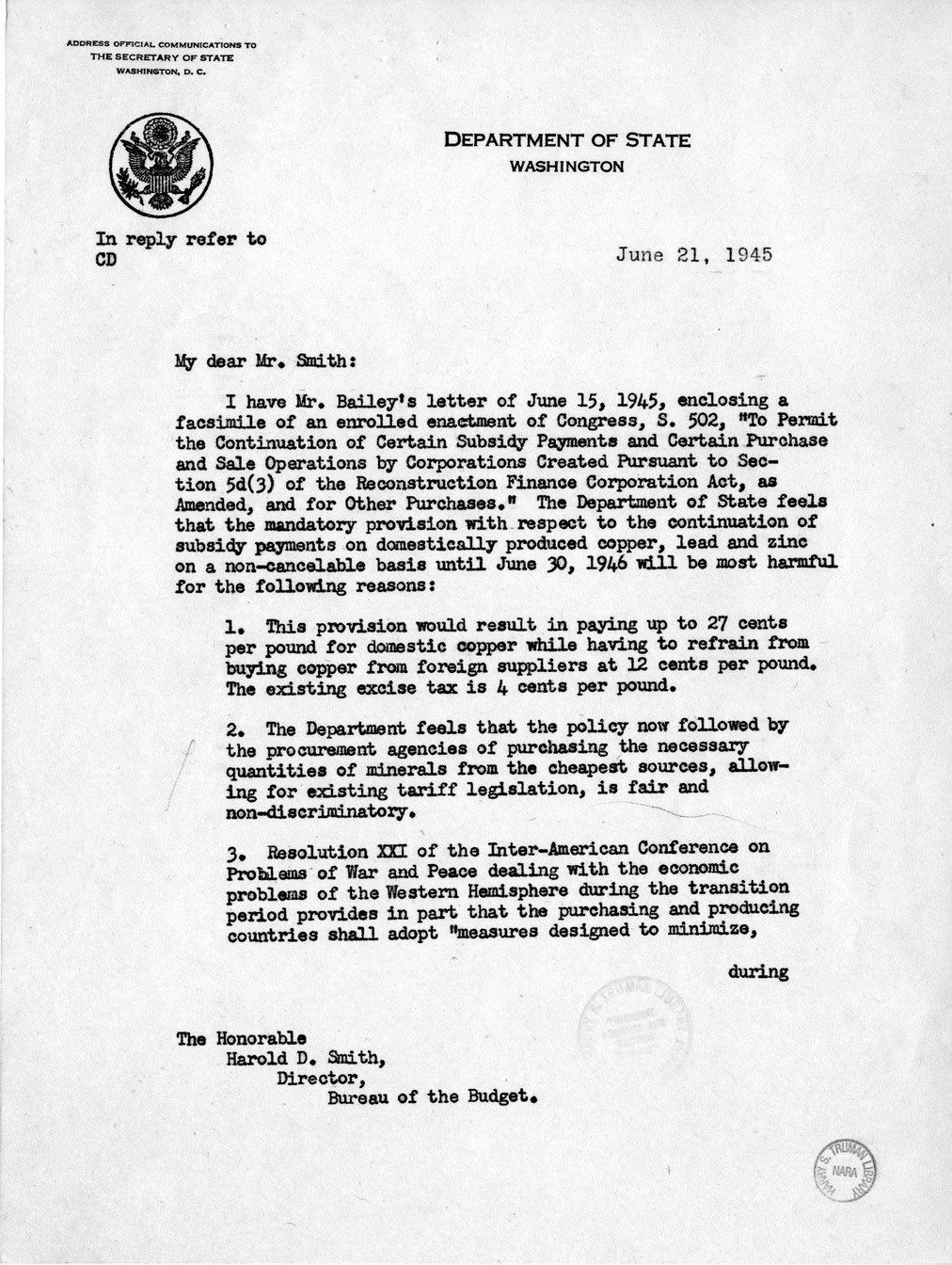 Memorandum from Harold D. Smith to M. C. Latta, S. 502, To Permit the Continuation of Certain Subsidy Payments and Certain Purchase and Sale Operations by Corporations Created Pursuant to Section 5d (3) of the Reconstruction Finance Corporation Act, with 