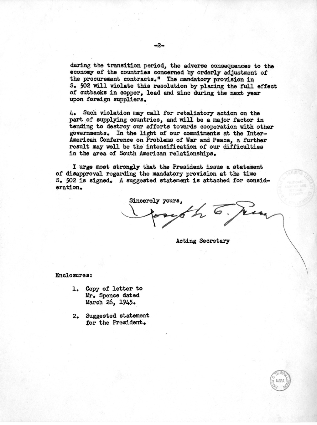 Memorandum from Harold D. Smith to M. C. Latta, S. 502, To Permit the Continuation of Certain Subsidy Payments and Certain Purchase and Sale Operations by Corporations Created Pursuant to Section 5d (3) of the Reconstruction Finance Corporation Act, with 