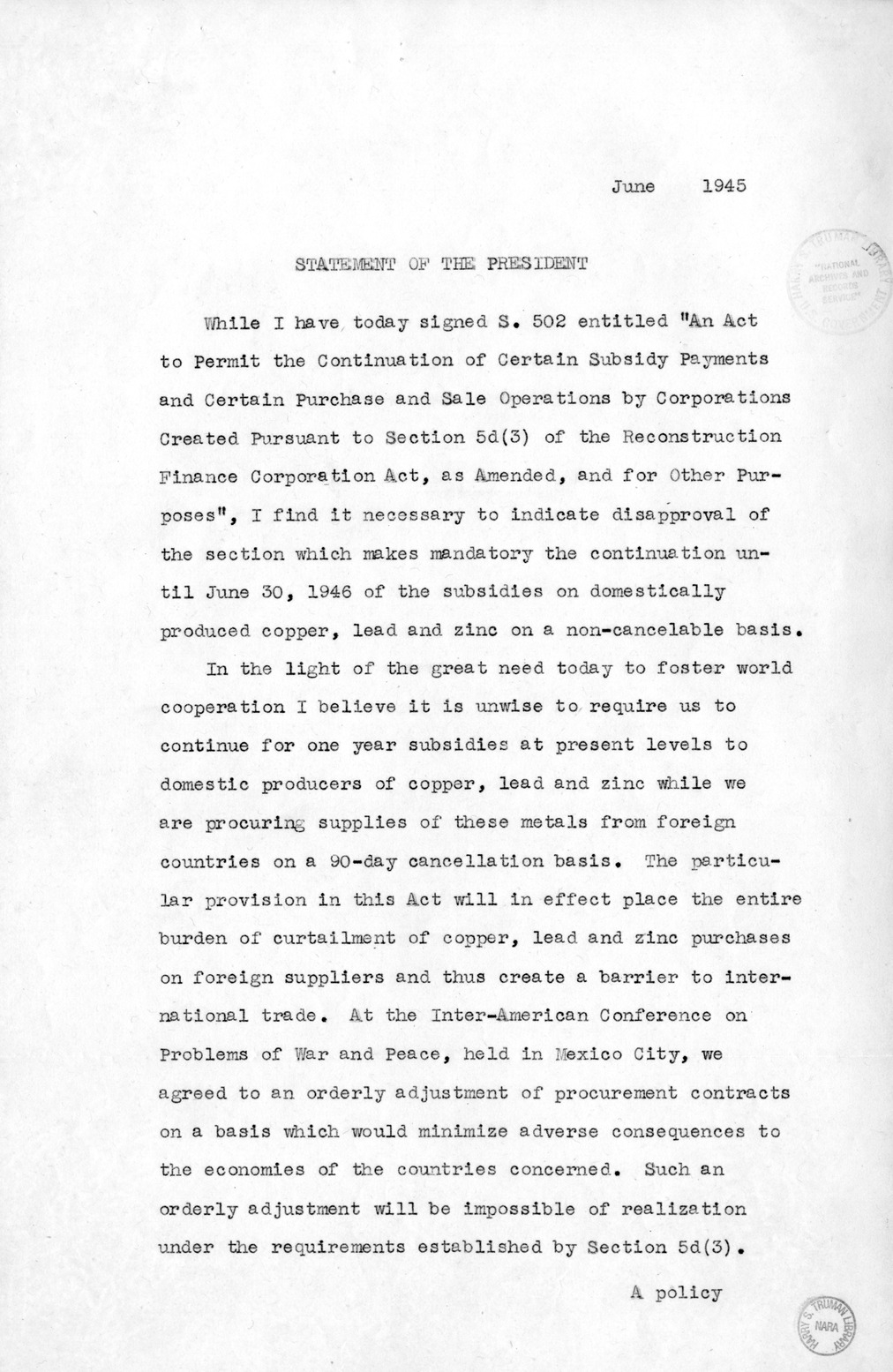 Memorandum from Harold D. Smith to M. C. Latta, S. 502, To Permit the Continuation of Certain Subsidy Payments and Certain Purchase and Sale Operations by Corporations Created Pursuant to Section 5d (3) of the Reconstruction Finance Corporation Act, with 