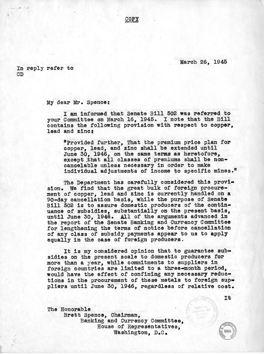 Memorandum from Harold D. Smith to M. C. Latta, S. 502, To Permit the Continuation of Certain Subsidy Payments and Certain Purchase and Sale Operations by Corporations Created Pursuant to Section 5d (3) of the Reconstruction Finance Corporation Act, with 