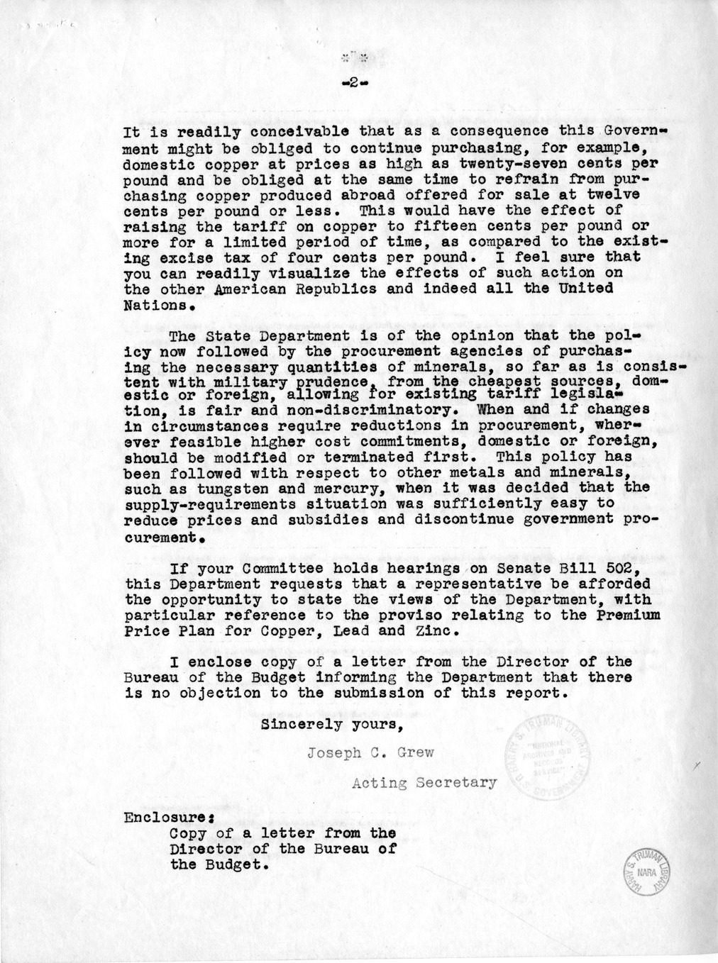 Memorandum from Harold D. Smith to M. C. Latta, S. 502, To Permit the Continuation of Certain Subsidy Payments and Certain Purchase and Sale Operations by Corporations Created Pursuant to Section 5d (3) of the Reconstruction Finance Corporation Act, with 